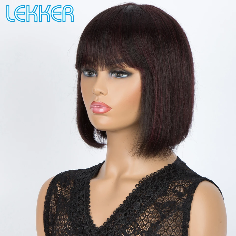 Lekker 하이라이트 레드 8인치 짧은 픽시 컷 스트레이트 밥 가발(뱅 포함) 100% 인모 가발 여성용 브라질 레미 헤어 글루리스 가발
