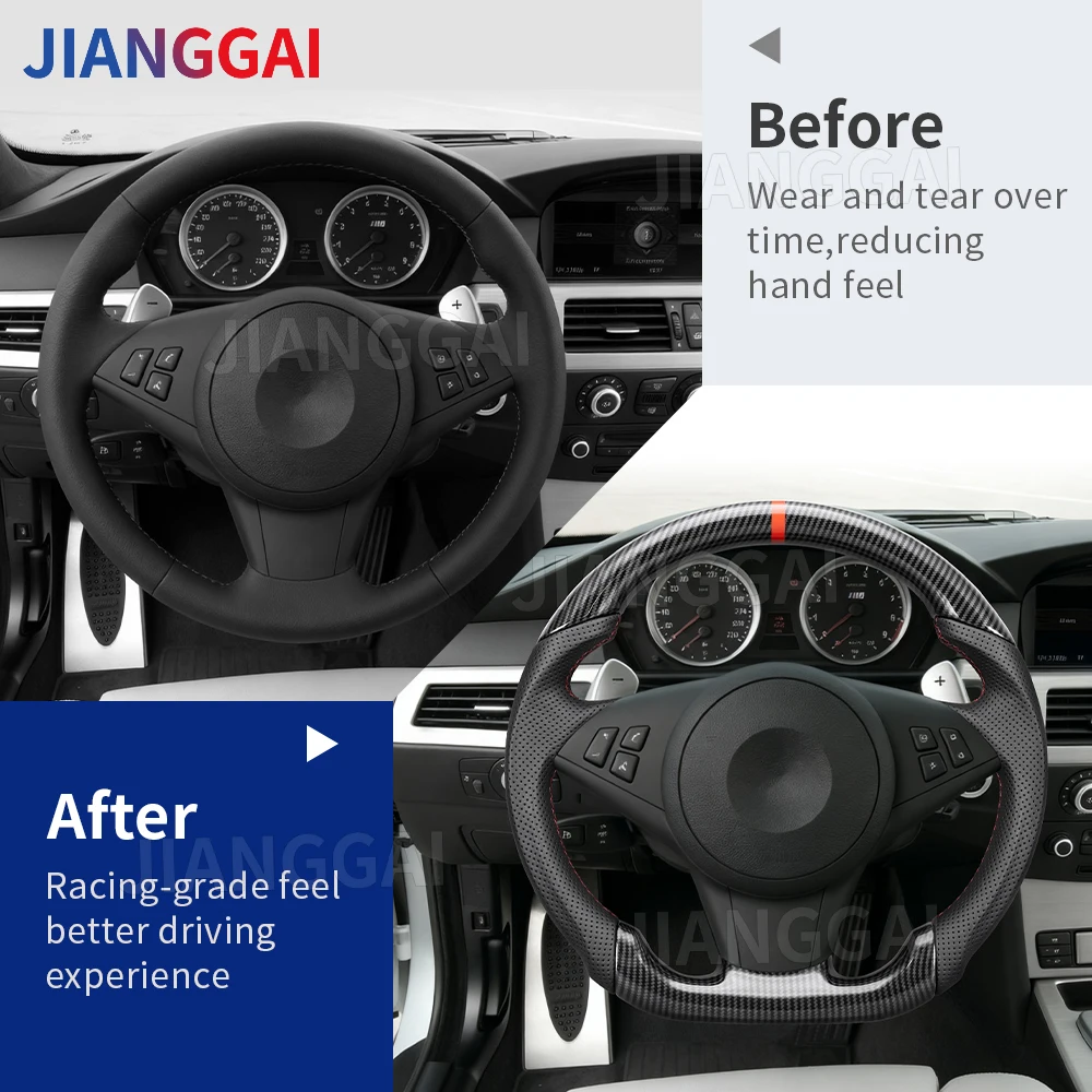 BMW E60 E61 E62 E63 M5 2003-2005용 하이드로 딥 카본 파이버 스티어링 휠 (패들 홀 포함, 레드 스트라이프, 천공 가죽)