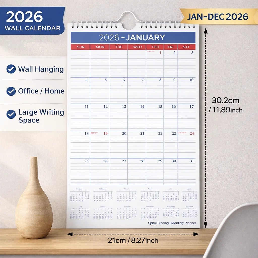 Large Wall Calendar for 2026 - Monthly Hanging Planner with Ample Writing Space, Spiral Bound for Home Office Organization