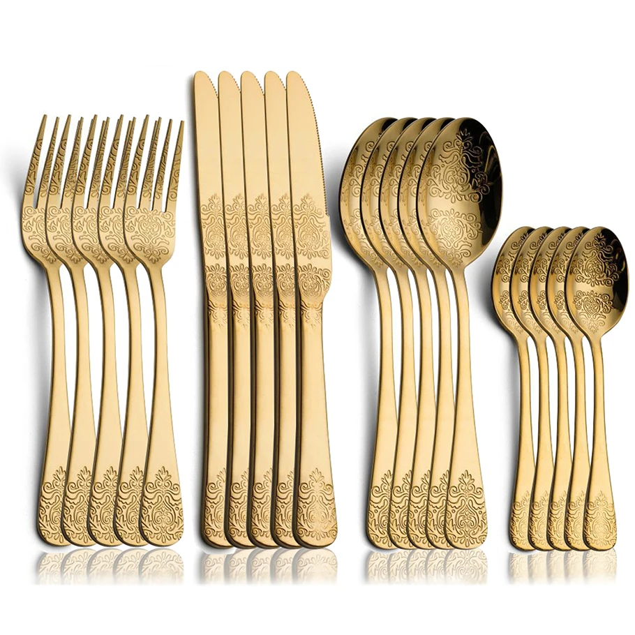 1/2/4/8/24 Pcs Set Di Posate Di Lusso In Oro Forchetta Cucchiaio Coltello Kit Di Posate Set Di Stoviglie Intagliate Vintage Stoviglie Europee