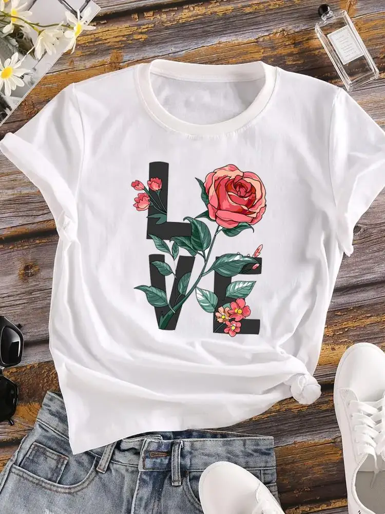 

Love Flower Letter Trend 90s Clothing T-shirt Ladies Female Print Top Fashion Short Sleeve Clothes Graphic Women Tee T Shirt