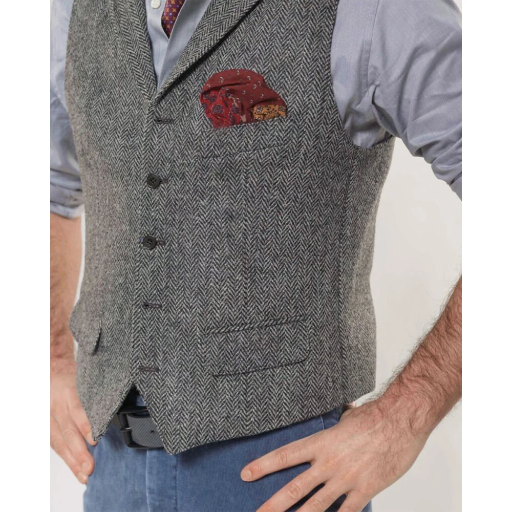 Retro Men's Vest Suit Herringbone Tweed Vests Satin Back Dinner Party Single Breasted Sleeveless Waistcoat Male Dress Casual