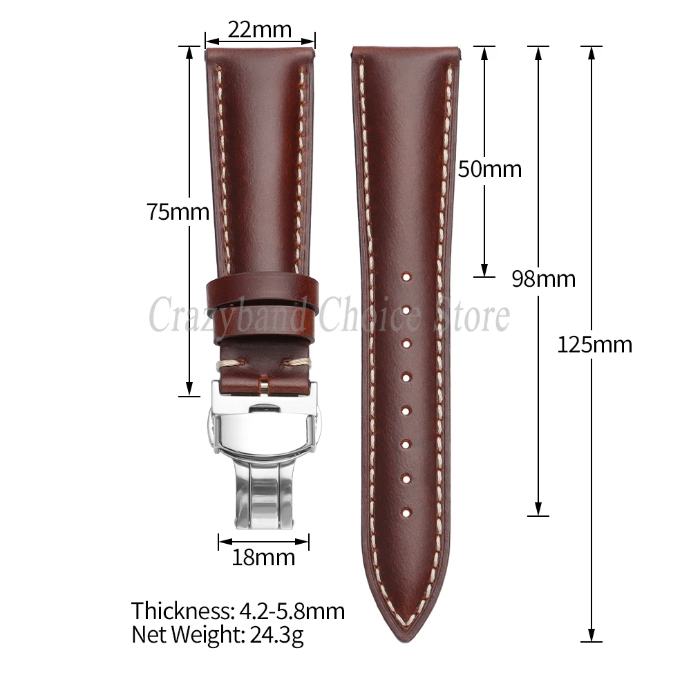 Premium Oil Wax Discoloration Calf Leather Watch Strap with Butterfly Buckle