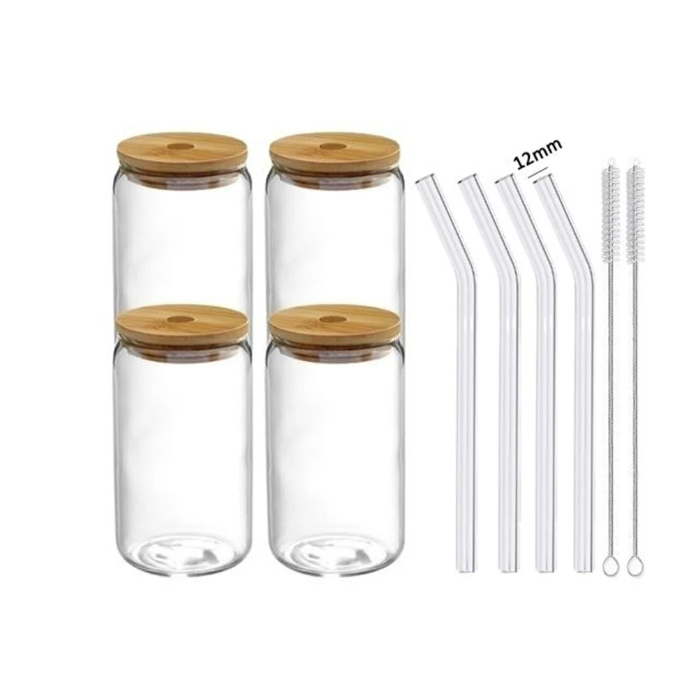 thumbnail image 1 of Juego de 1/4/6 vasos de vidrio con tapa y pajita, vaso para jugo, lata de cerveza, taza de leche, moca, taza de té de burbujas transparente, vidrio de borosilicato alto, 1 of 5
