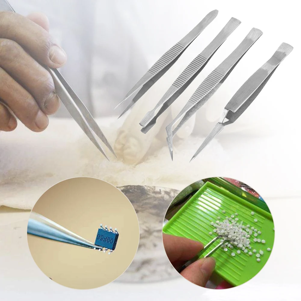 4PCS Tweezers Kit Stainless Steel Precision Tweezers Thickened Straight Bent Clip Tool For Electronics Repair Soldering Crafting