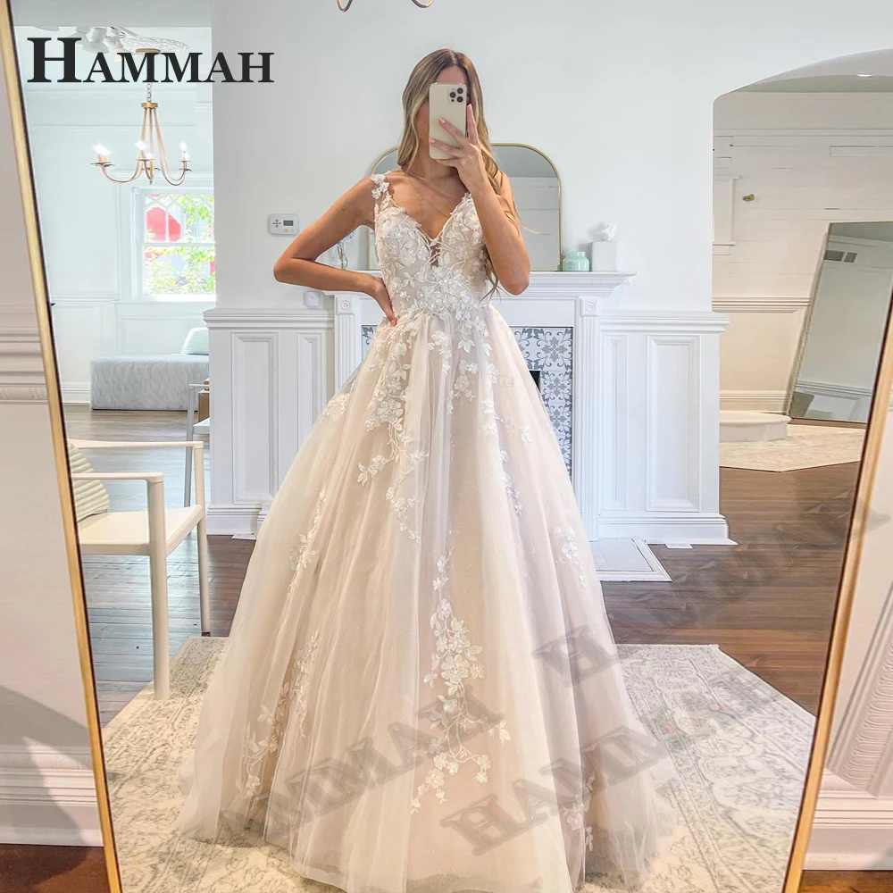 

HAMMAH Tank V Neck Wedding Gown For Bride A Line Pastrol Appliques Tulle Sleeveless Court Train Vestidos De Novia Brautmode