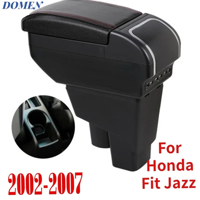 Bracciolo Auto Per Honda Fit Jazz 2002-2008 - Console Centrale Con Portabevande, 7 Porte USB, Doppio Vano, Linea Rossa