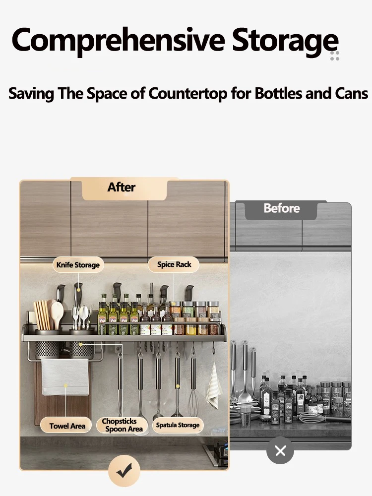 Kitchen Organizer Shelf Wall-mounted Spice Storage Rack Kitchen Knife Holder Wall Seasoning Chopstick Spoon Shovel Storage Shelf