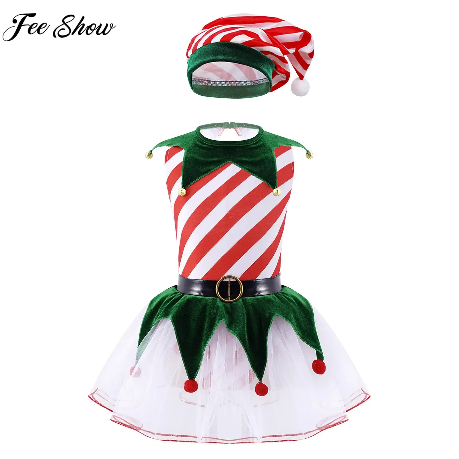 

Girls Christmas Ballet Lyrical Dance Skating Dress Sleeveleess Striped Leotard Tutu with Hat Dancewear for Xmas New Year Party