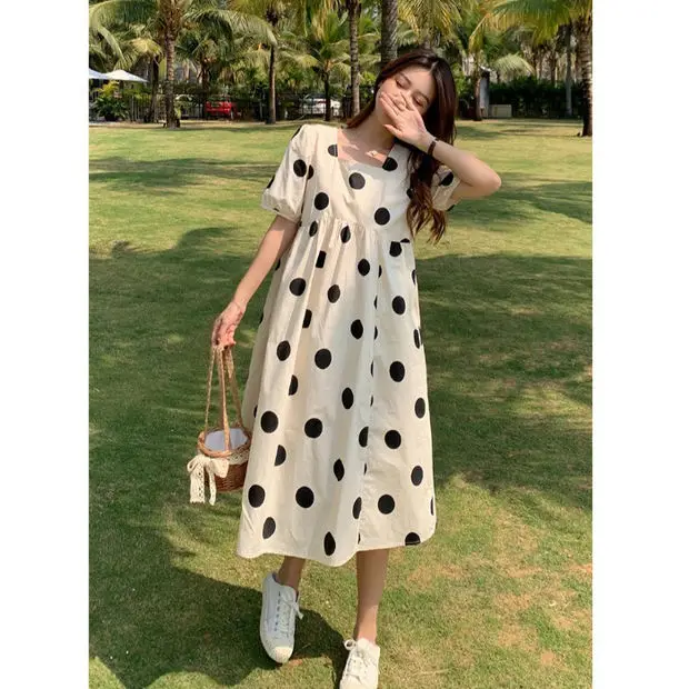 Maternity Summer Dress Fashionable Mid-Length Outfit Women's Clothing Korean Style Loose Waist Short Sleeve Polka Dot Print - 2