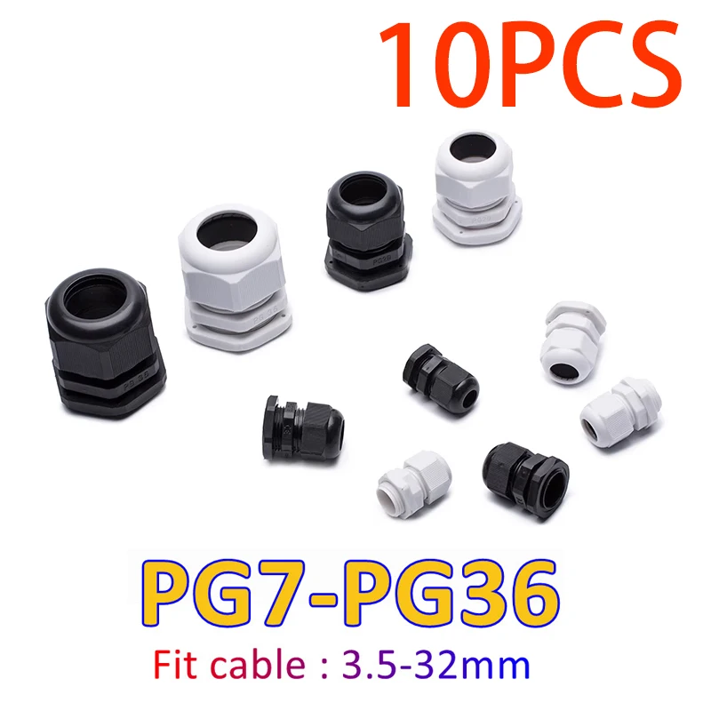 10Pcs Cable Gland Waterproof Cable entry IP68 PG7 for 3-6.5mm PG9 PG11 PG13.5 PG16 PG19/21 White Black Nylon Plastic Connector