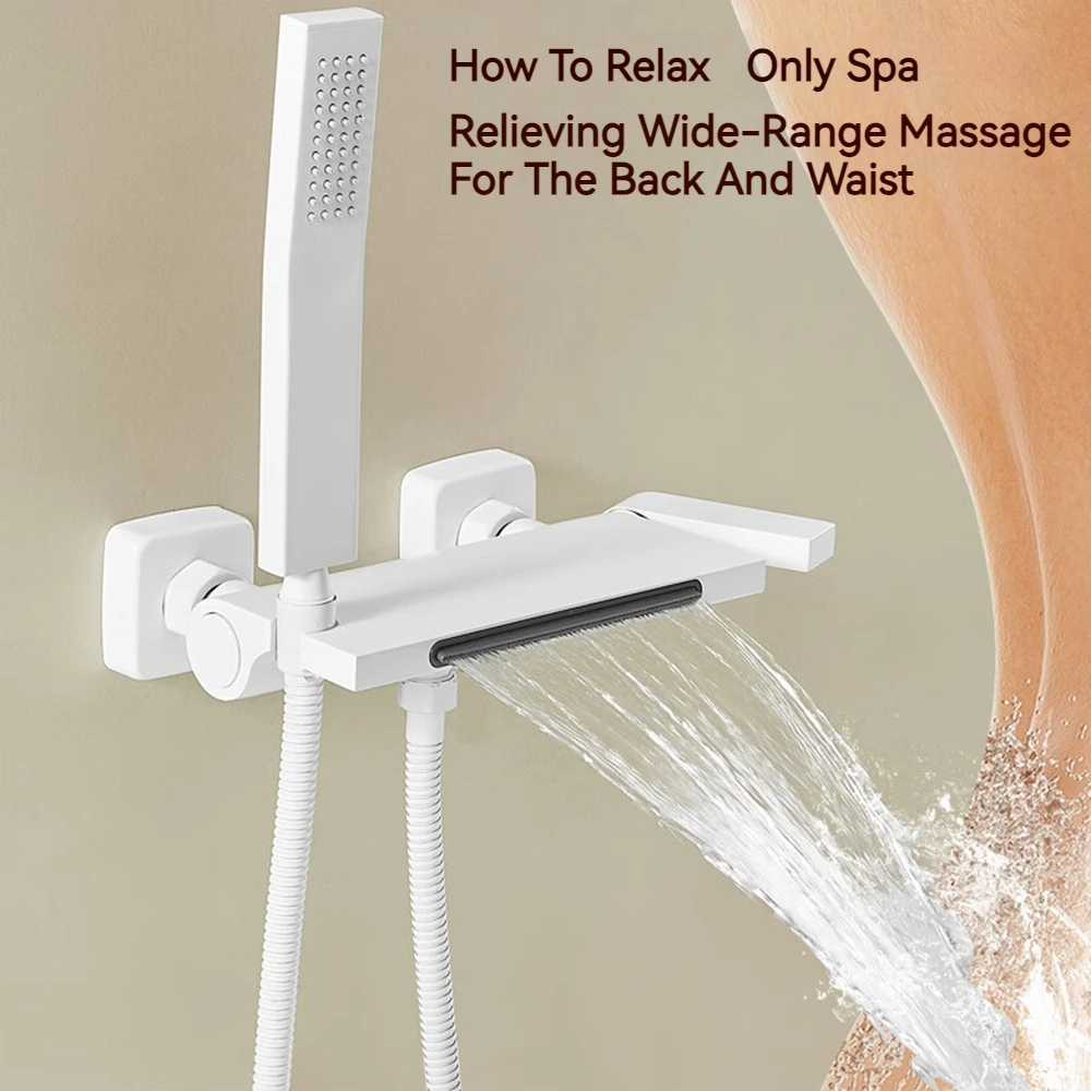 White Grey Bathroom Waterfall Bathtub Faucets With Hand-held Shower Wall Mounted Hot and Cold Mixer Tap Shower Set Single Handle 4