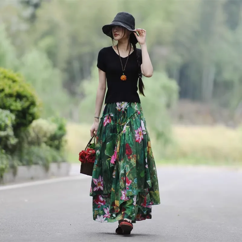 Free Shipping 2023 New Fashion Long Maxi A-line Elastic Waist Women Cotton And Linen Plus Size S-2XL Flower Print Skirts