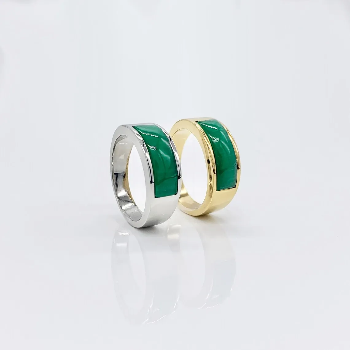 Vintage Men Bar Green Jade Stone Titanium Steel Ring Gold Color