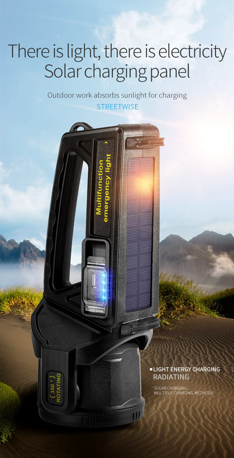P50 Solar Charging Portable Powerful LED Flashlight Handheld Searchlight USB Rechargeable Spotlight Waterproof Torch Light