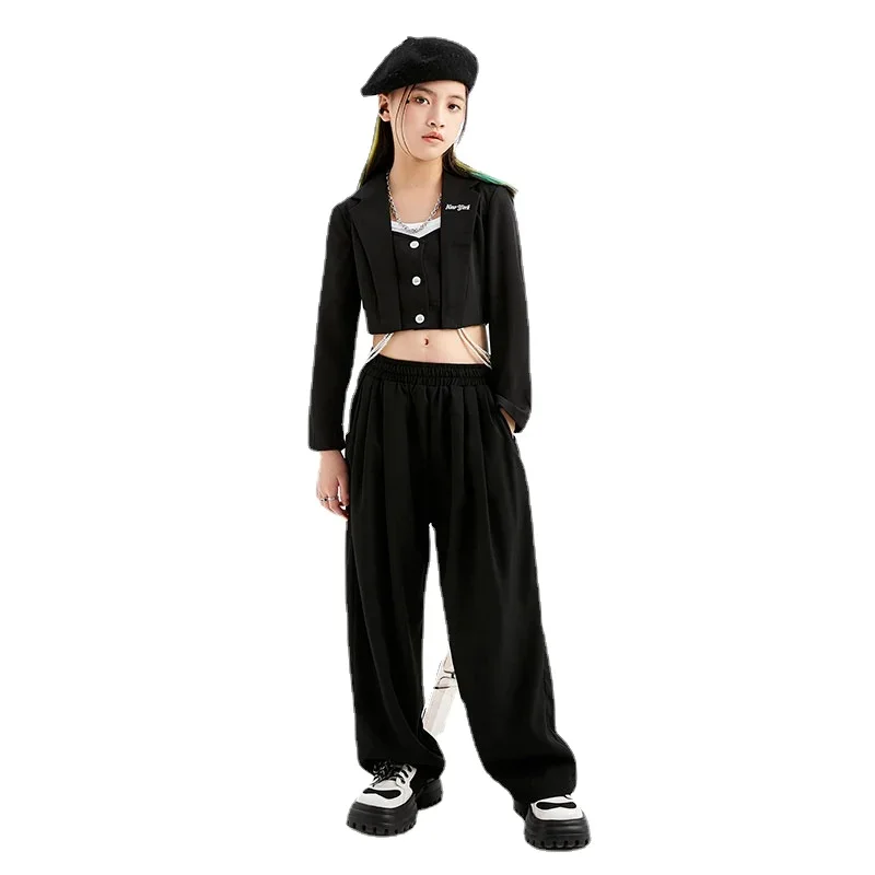 

Kids Girls Vintage Fashion 2PCS Suits Sets Jacket Pant Children Streetwear Casual Short Coat Wide Leg Pants Tracksuits Costume