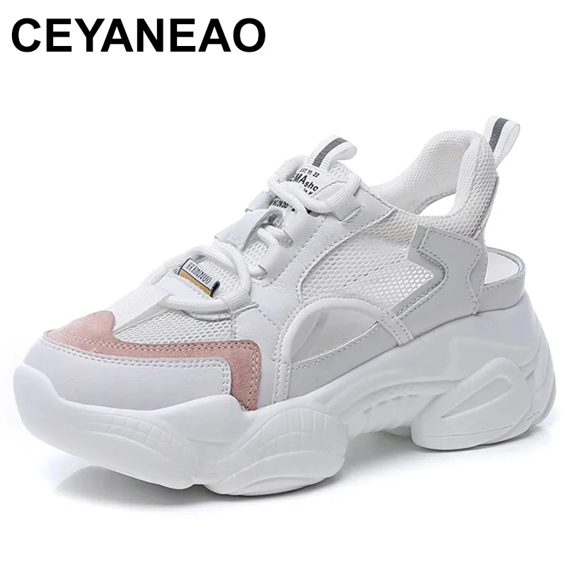 

6cm Genuine Leather Flats High Platform Wedge Heel Women Summer Walking Shoes Women Sandals Lace Up Beach Shoes Zapatos De Mujer