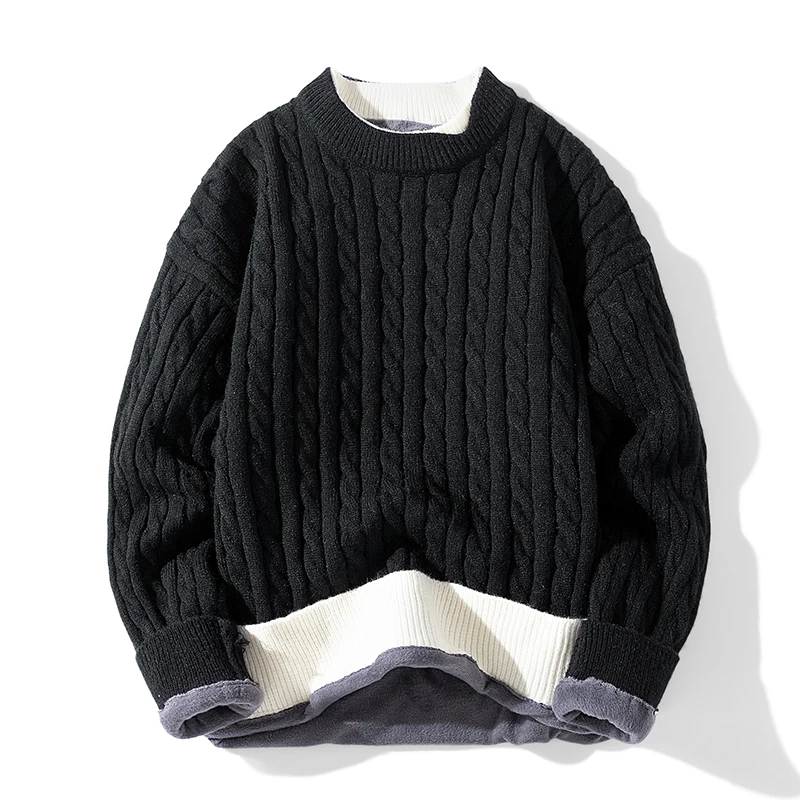 Men's Round Neck Fake Two Pieces Sweaters Winter Casual Thick Twists Solid Color Long Sleeve Pullover Loose Knitted Bottom Tops