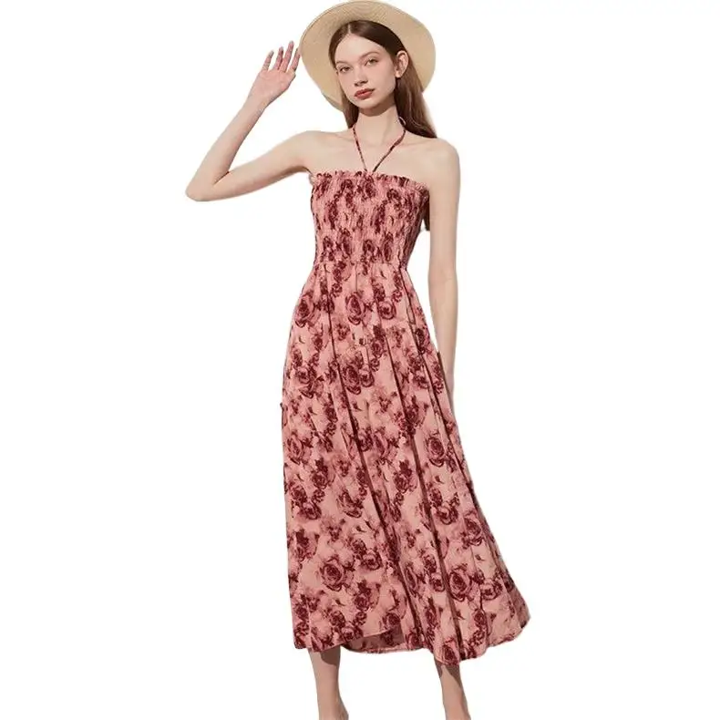 

Женское Хлопковое платье на бретельках, Элегантное Длинное Элегантное платье во французском винтажном стиле с принтом роз, праздничное платье с высокой талией, новинка на лето