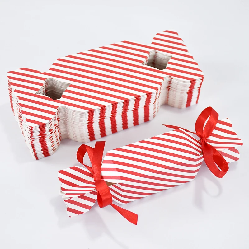 5–10 Stück fröhliche rot gestreifte bonbonförmige Boxen, Hochzeitsbevorzugung, Geschenkbox mit Band, für Kinder, Weihnachten, Geburtstag, Party, Cracker-Box, Dekor – Detail 9