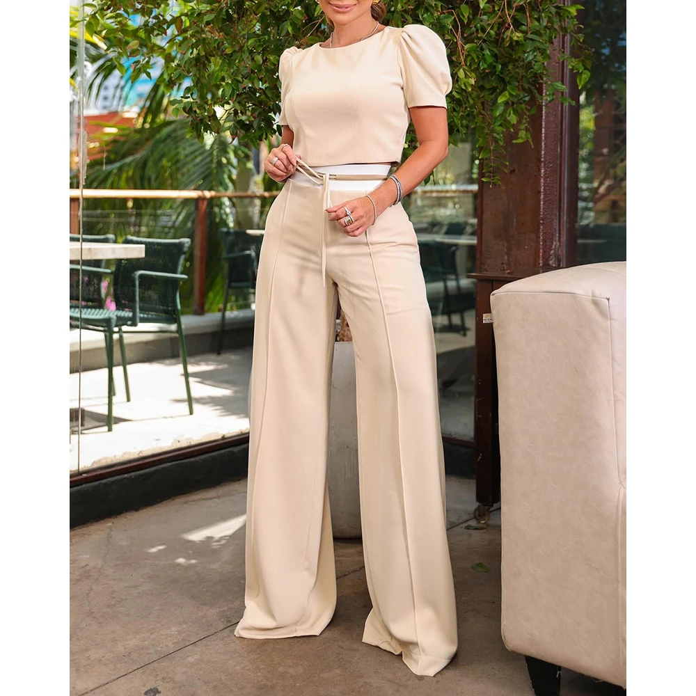 2024 Women Puff Sleeve O-neck Top & Drawstring Wide Leg Pants Set Casual Two Piece Suit Sets Women Outfits Set Summer Elegant