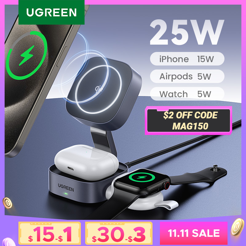 UGREEN Qi2 25W Magnetic Wireless Charger Stand 2-in-1 Charging Stand For iPhone 15 16 Pro Max/AirPods For MagSafe Fast Charger