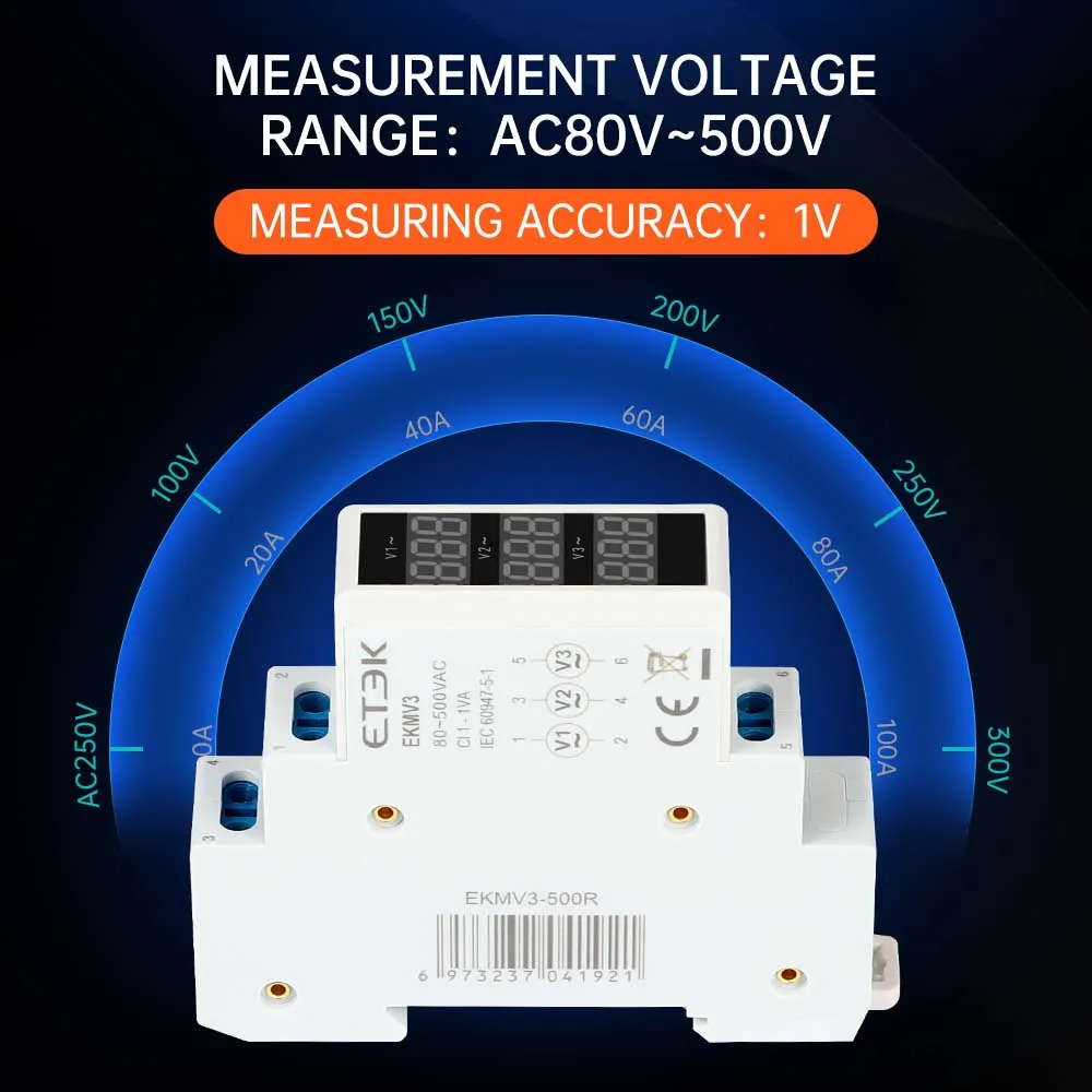 Modular Digital Voltmeter 18mm 3 phase AC80-500v  Mini Voltage Meter Din Rail  Voltagemeter Detector  EKMV3-500R Module