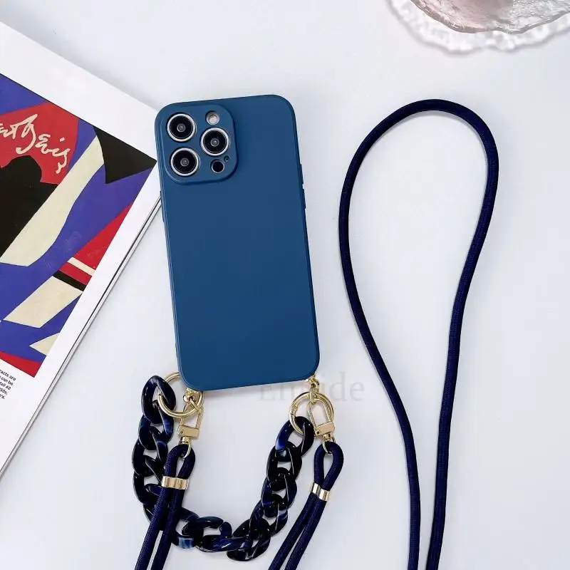 Elegant Marble Agate Chain Crossbody Phone Case with Liquid Silicone Finish
