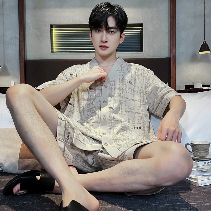 V 넥 기모노 코튼 잠옷 남성용 여름 반팔 반바지 잠옷 세트 어린 소년 Simple Homewear 빅 사이즈 L-3XL Pijamas