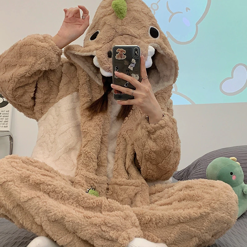 Winter Women Pajamas Set Cartroon Dinosaur Plush Soft Thicken Pyjamas