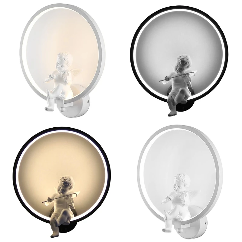 

Nordic Wall Mount Lamp Angel Playing Violin Bedside Sconce Round Night Light