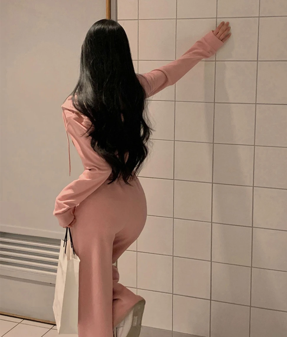 Korean Fashion Streetwear 2-piece Pants Set Women Tracksuit Autumn New Hooded Zip-up Crop Top Long Pants Casual Solid Outfits