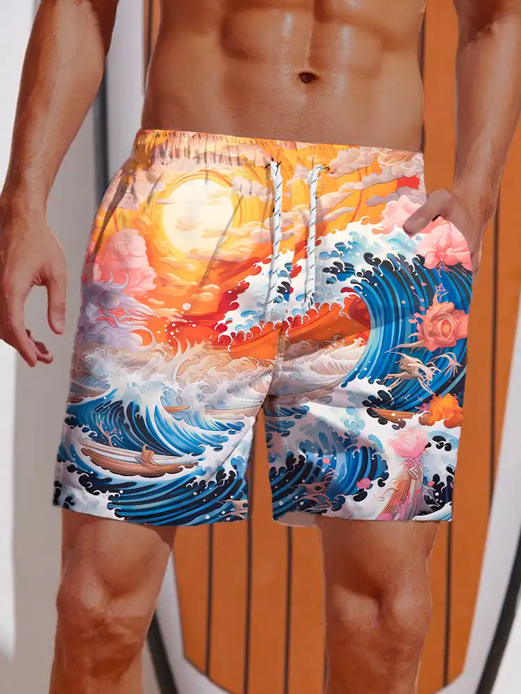 3D Printed Ukiyo-E Giant Fierce Shark And Cruise Ship Printing Shorts Men's Board Shorts Swim Trunks Drawstring Breathable Short 4