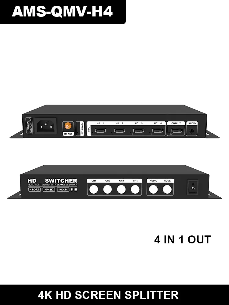 AMS-QMV H4 4K LED Video Splitter HD Quad Multi Viewer 4 In 1 Out Advertise Screens Switcher Divider Video For HD Converter
