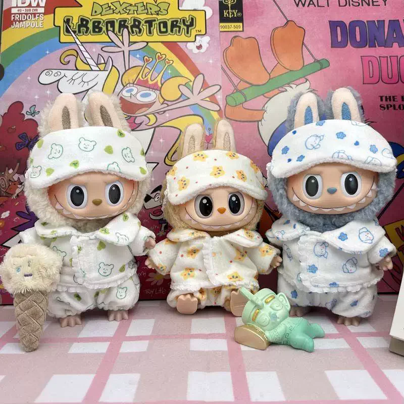 For Labubu Mini Three-piece Pajamas Set with Eye Mask  Cute Idol Plush Doll Clothes 15-17cm V1 V2 Kids Gift Accessory