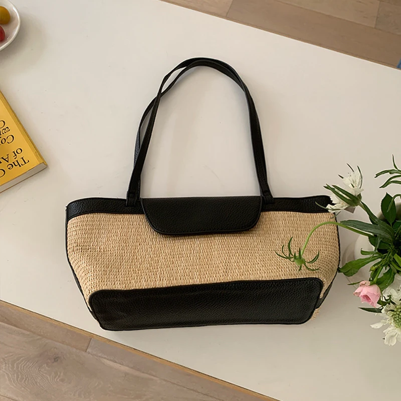 Fashion Women's Large Capacity PU Shoulder Bag Patchwork Woven Stick Tote Casual Handbag with Contrasting Colors 2025 New Style