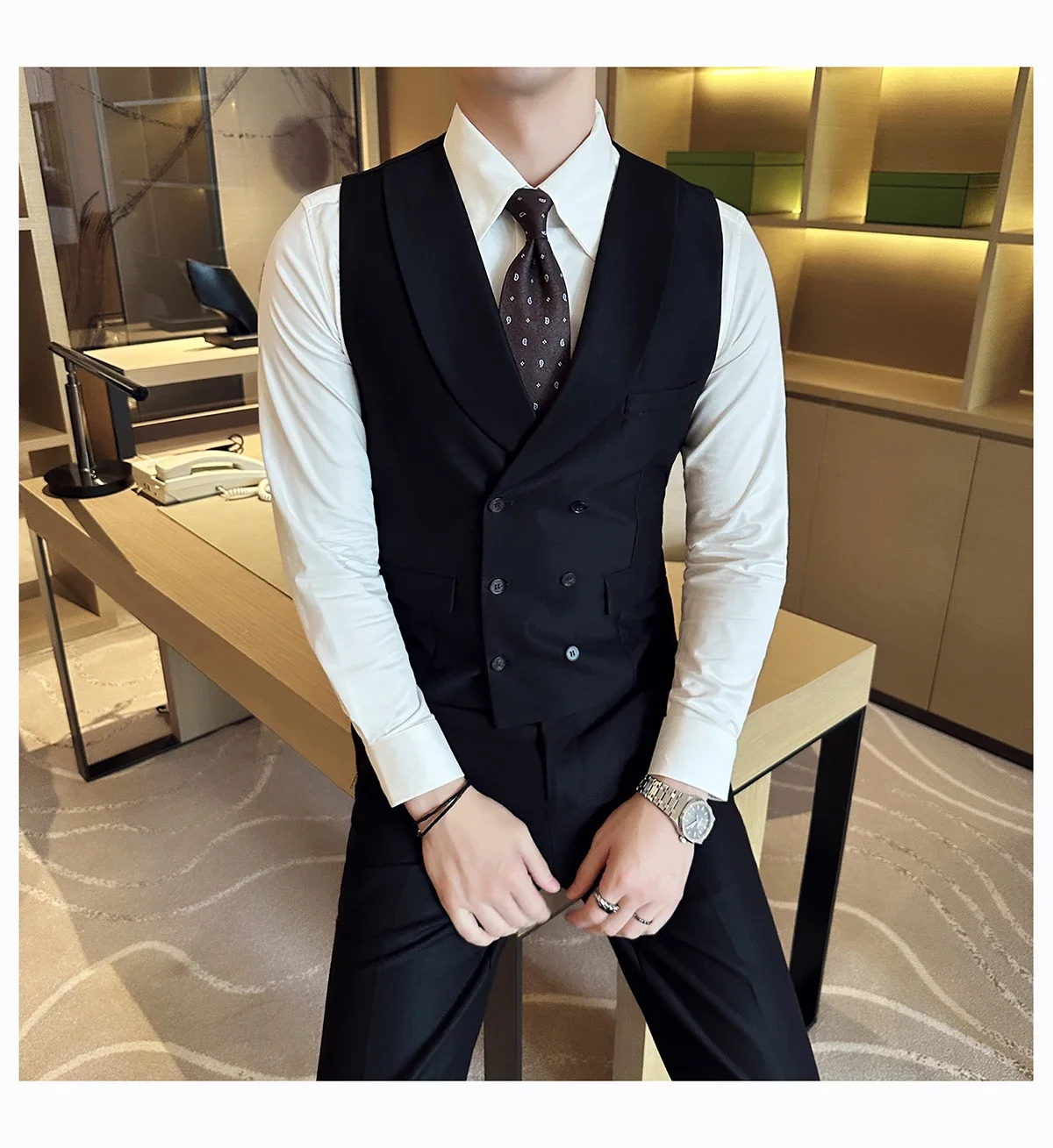 Description Picture 6 of itemMen's Double-buttoned Suit Vest Korean Style Slimming Business Professional Workwear Western-style Clothes Groom's Tuxedo