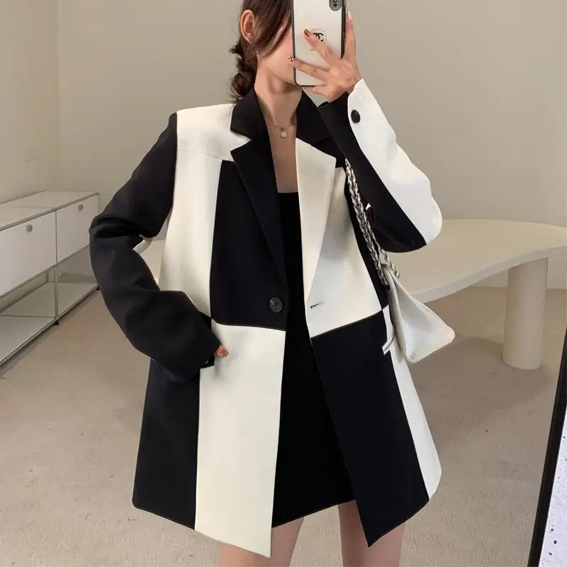 Women Blazers Spring Autumn New Retro Loose Jacket Patchwork Pockets Office Lady Women Blazer Luxury