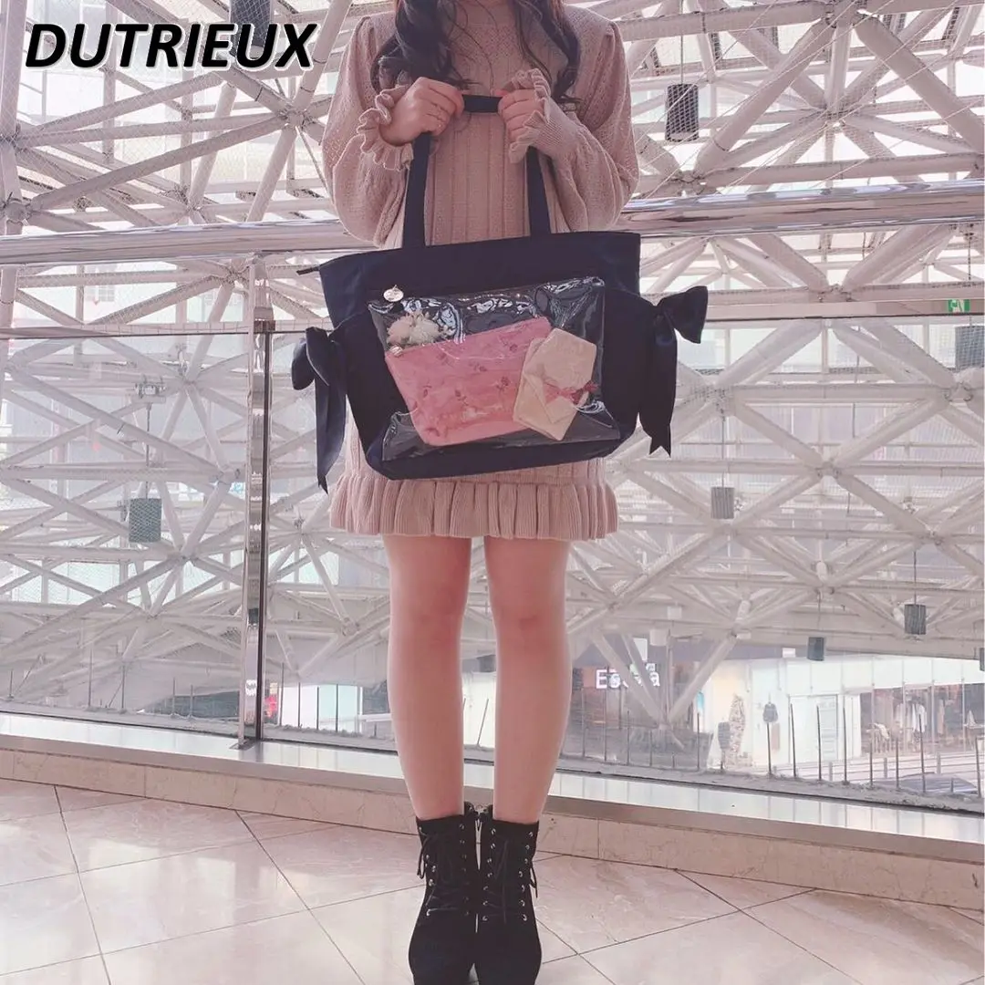 Lolita Japanese Style Women's Handbags Satin Fabric Big Bow Cartoon One Shoulder Bag Sweet Cute Summer Autumn Ladies Bags