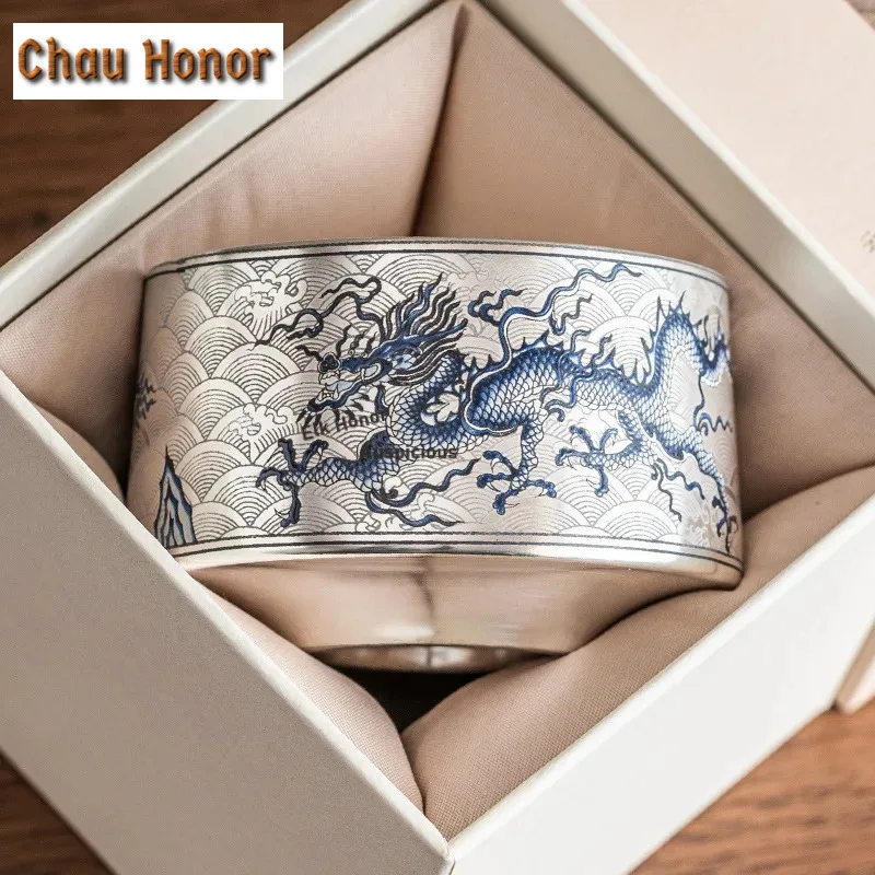 120ml High End Silver Plated Ceramic Teacup Blue and White Dragon Pattern Master Cup Chinese Jianzhan Kung Fu Tea Utensil Gifts