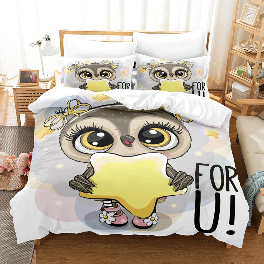 

Hot Sale Bed Linens 2/3pcs 3D Digital Cartoon Owls Printing Duvet Cover Sets 1 Quilt Cover + 1/2 Pillowcases US/EU/AU Size