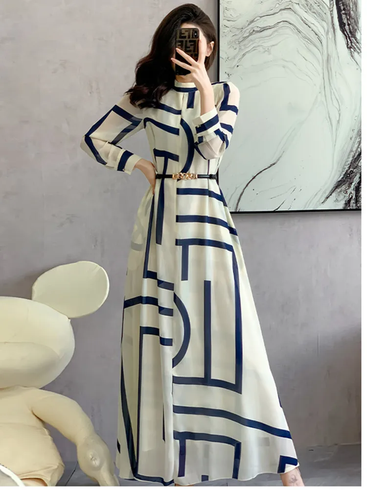 New French Vintage Chiffon Maxi Long Dresses Women Fashion Striped Printed  Elegant Dress for Women Robes Longues - AliExpress 200000345