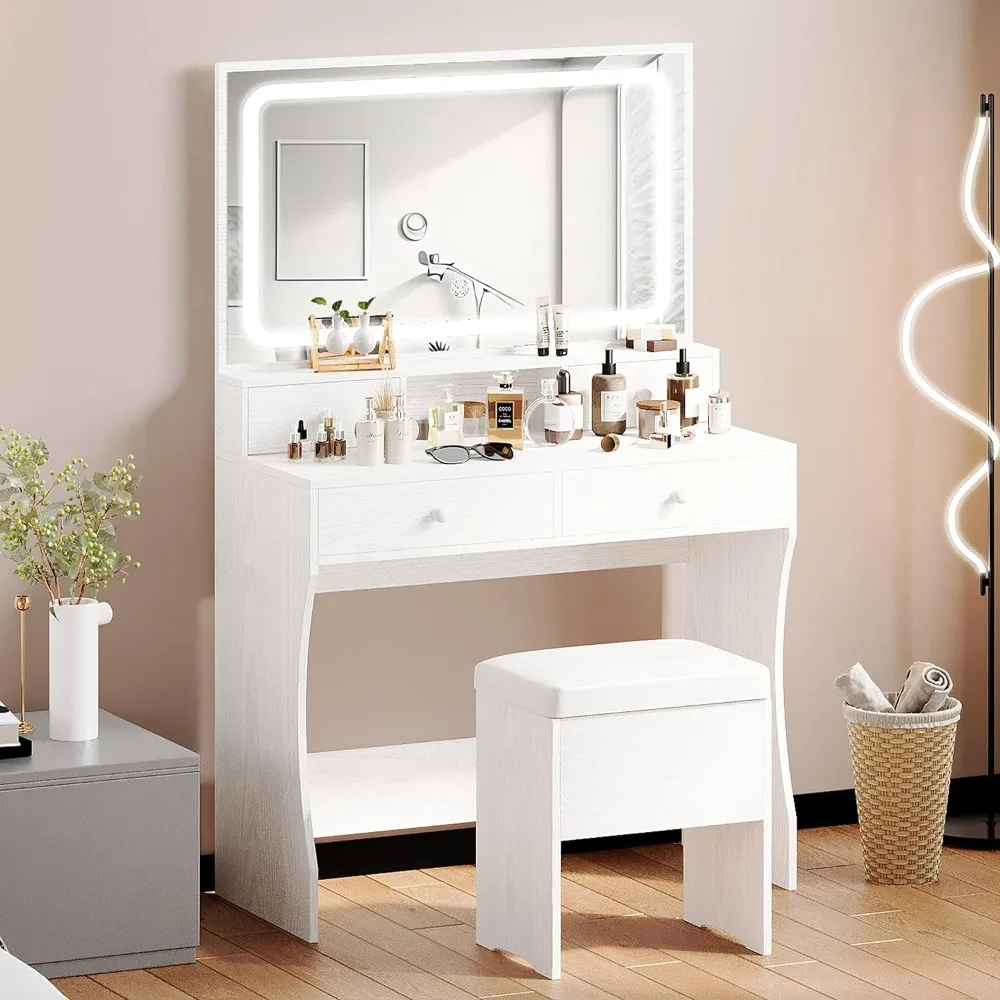 

Vanity Desk Set with LED Lighted Mirror & Power Outlet, Makeup Vanity Table with 4 Drawers,Storage Bench,for Bedroom, Bathroom,