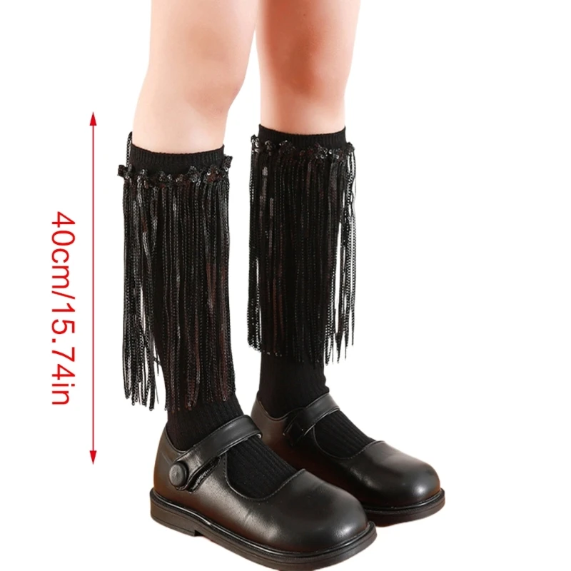 HUYU Sequined Fringed Knee High Socks Midcalf Socks for Kids Spring Stretchy for Little Girl School Dancing Dress