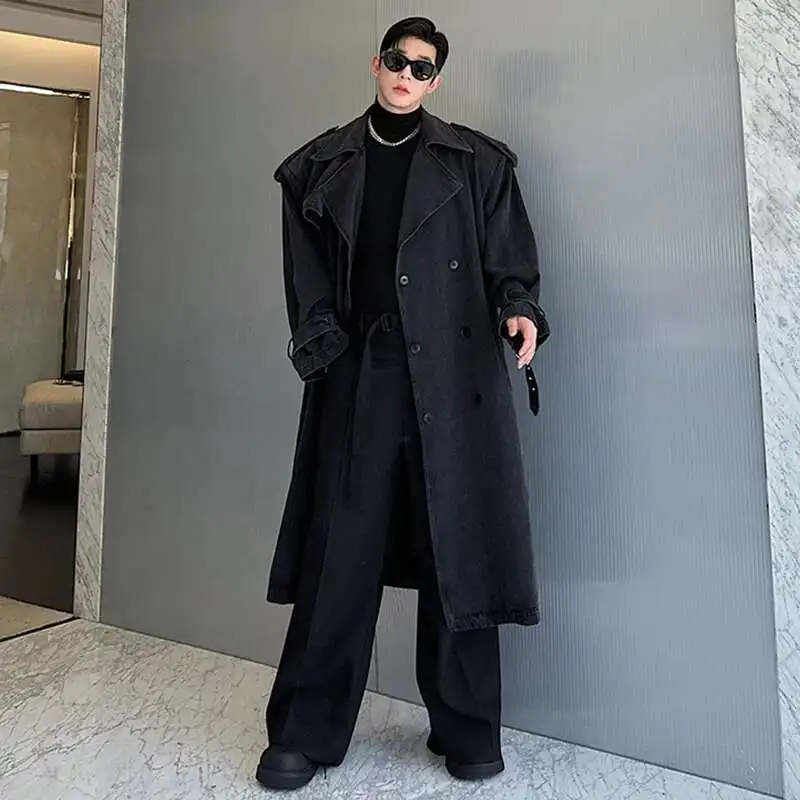 LUZHEN Denim Long Windbreaker Men's Baggy Vintage Casual Solid Color Handsome Trendy High End Trench Coat Autumn Winter LZ5933
