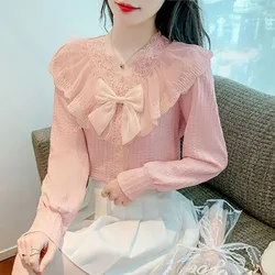 Fashion V-Neck Gauze Lace Ruffles Bow Blouses Women's Clothing 2023 Autumn Winter Loose Office Lady Tops Sweet Shirts