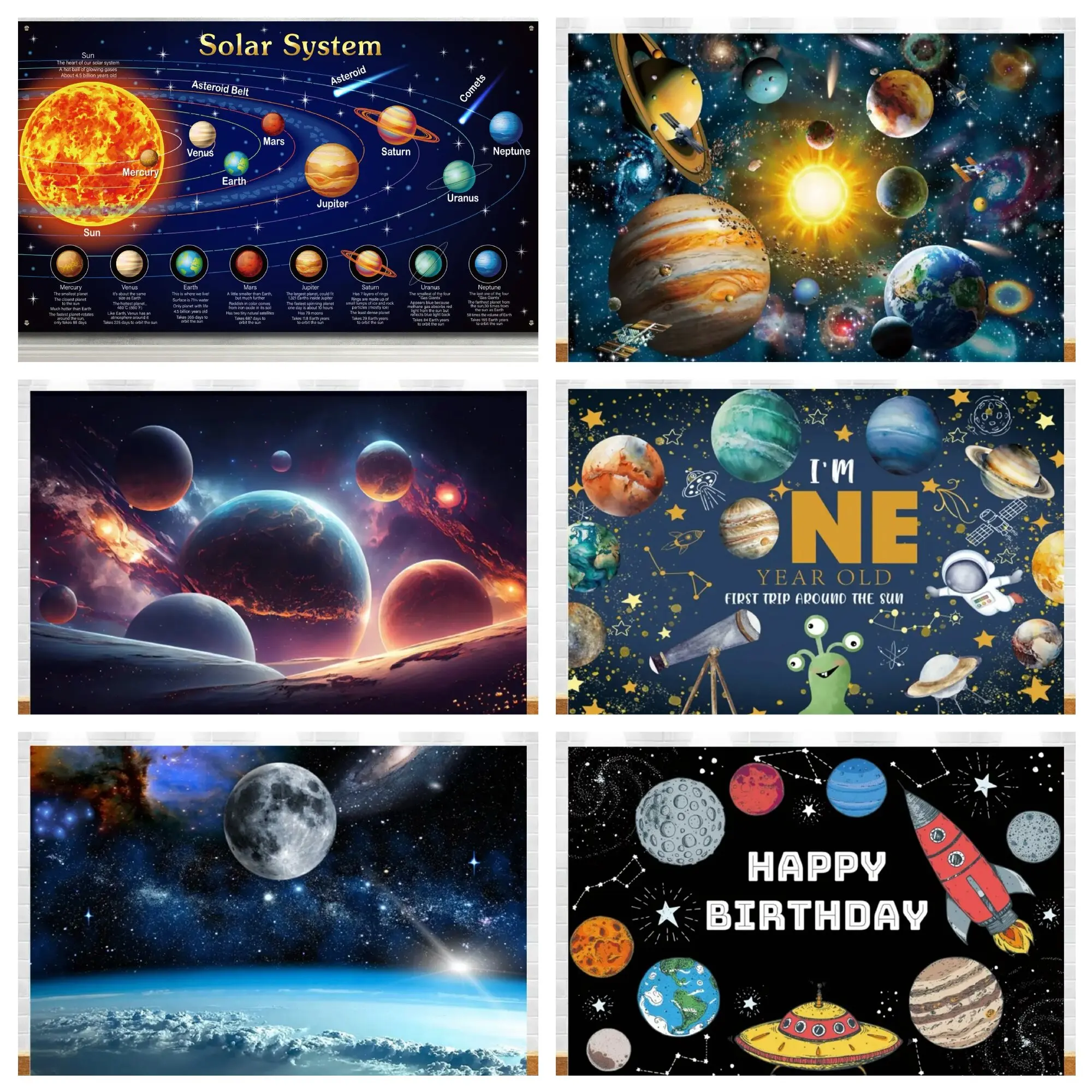 

Outer Space Happy Birthday Backdrop Universe Planet Galaxy Spacecraft Astronaut Blast Off Rocket Baby Shower Photo Background
