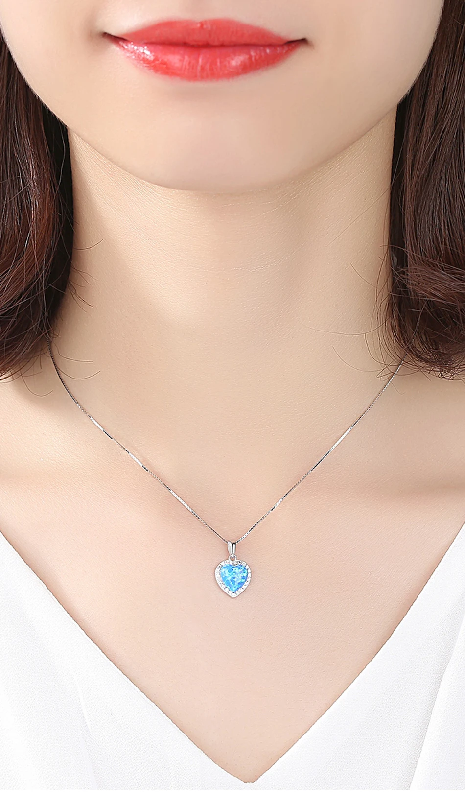 100% Sterling Silver Heart Opal Pendant Necklace for Women Charming Silver Chain Christmas Girls_voghion.com