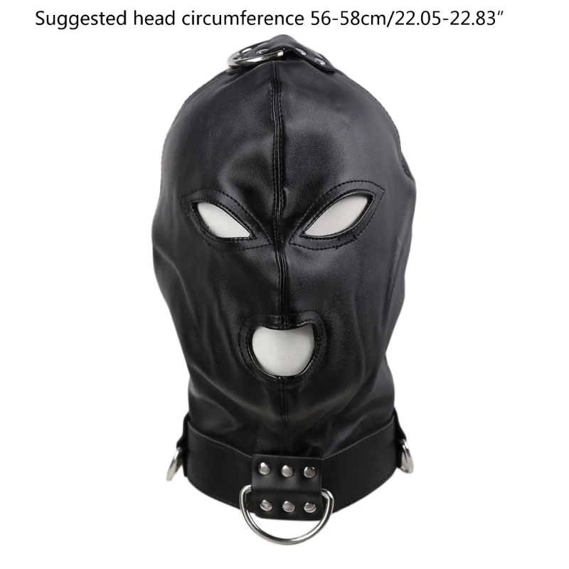 Adult Full Face Sexy Black PU Leathers Head Bondage Hood Masks Men Cosplays Party Costume Head Cover Open Eyes Nightclub Wear images - 6