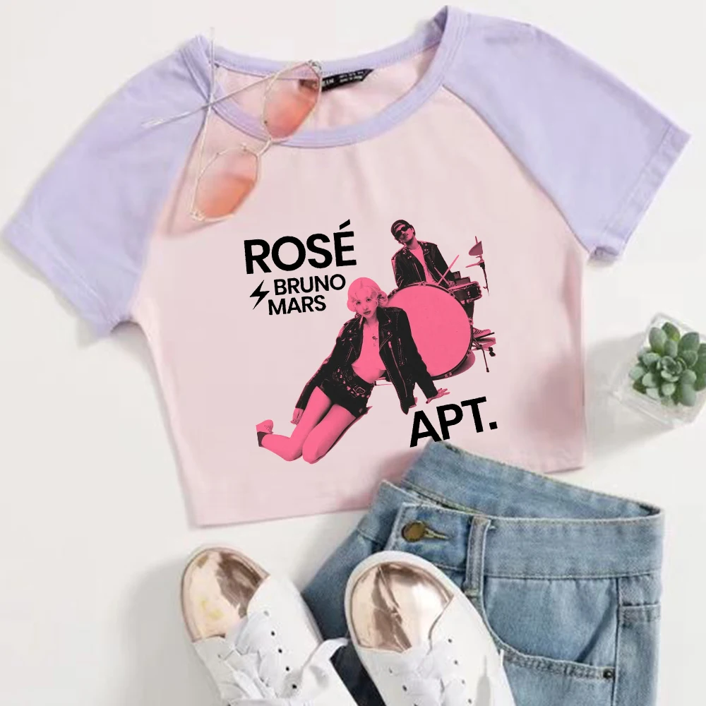 Rose Rosie APT. Bruno Mars Girls Crop Shirts Color blocked short sleeves O-Neck Top 4
